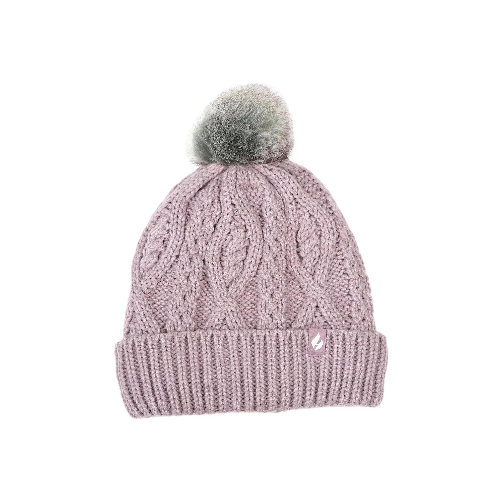 Women's Heat Holders Heatweaver Cable Knit Pom Pom Hat, Purple Product Image