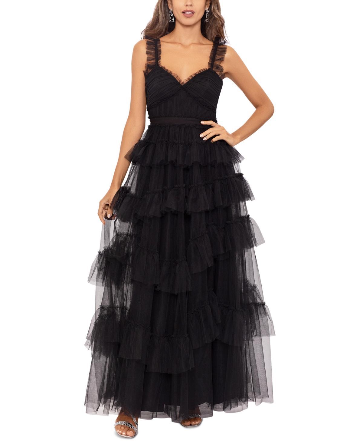 Betsy  Adam Mesh Tiered Ruffle Sleeveless Gown Product Image
