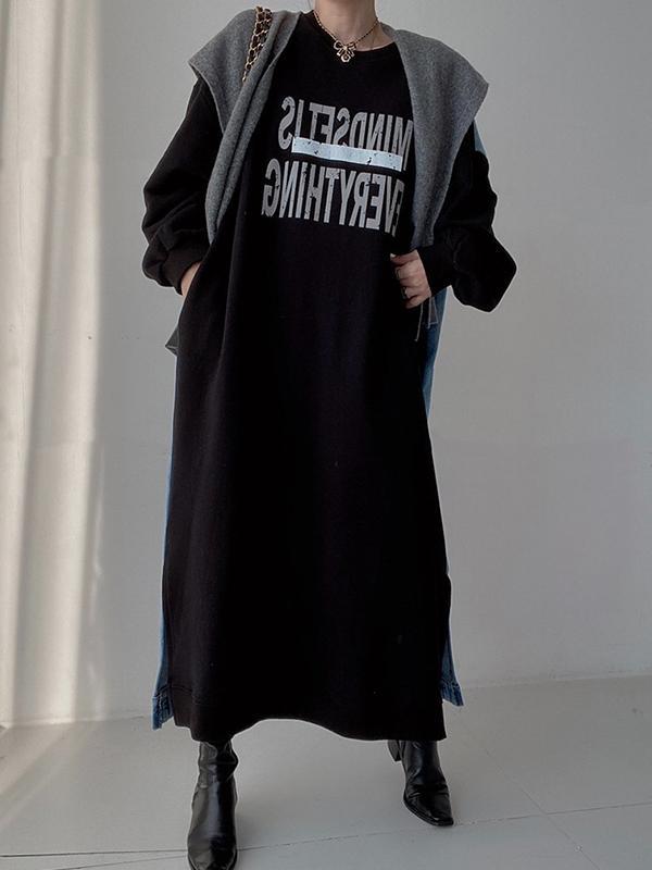 Original Loose Long Sleeves Letter Print Split-Side Split-Joint Round-Neck Midi Dresses Product Image