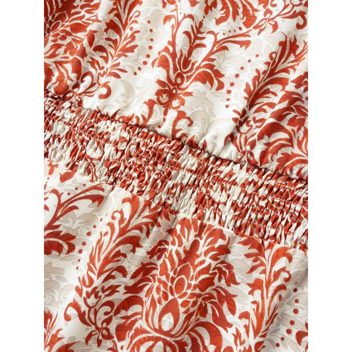 Plus Size Moroccan Print Shirred Slit Hem Dress Red Women Resort Slit V-neck Cap Sleeve Curvy Long Dress BloomChic 26/4X Product Image