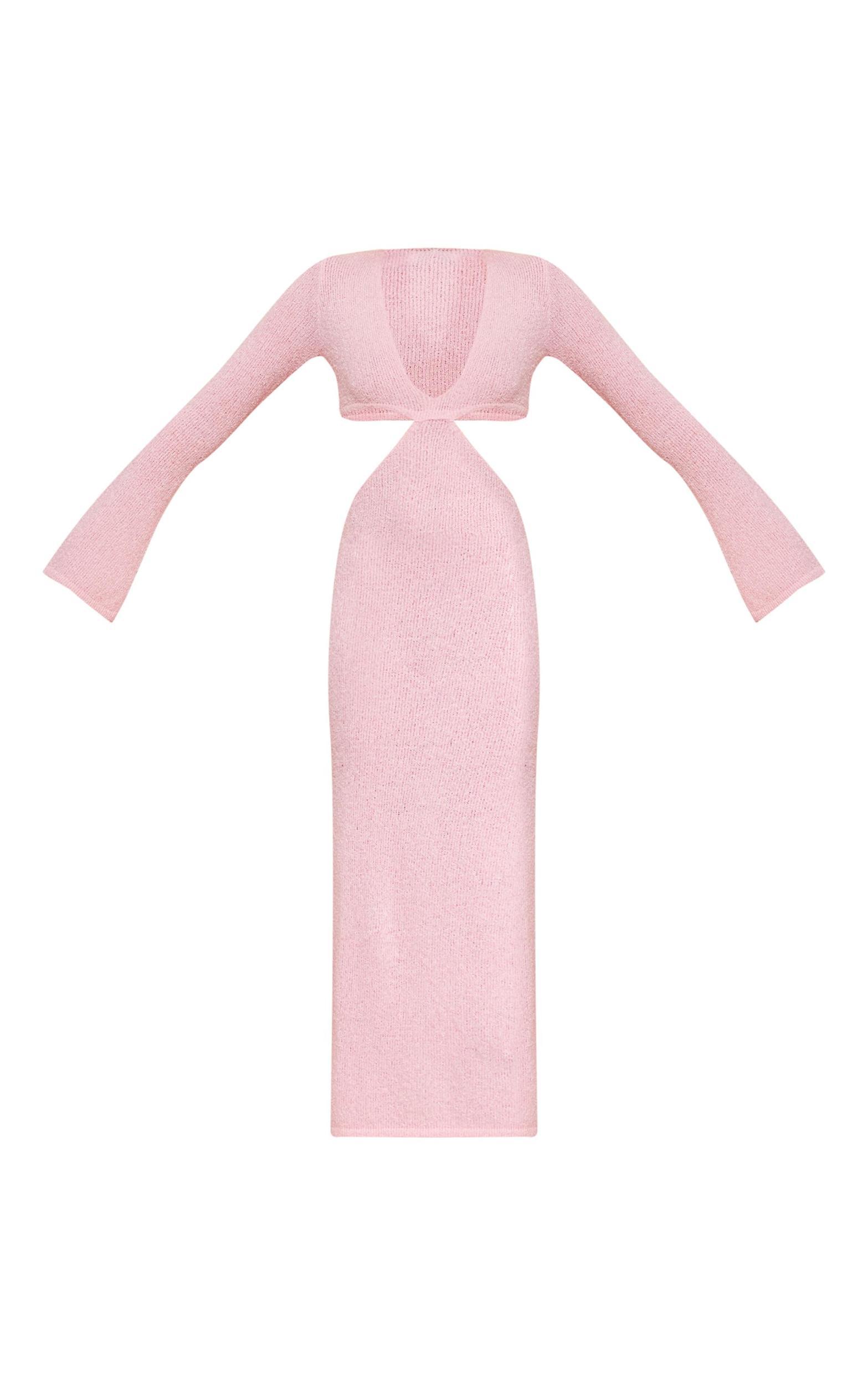 Tall Pink Bobble Knit Long Sleeve Cut Out Midaxi Dress Product Image