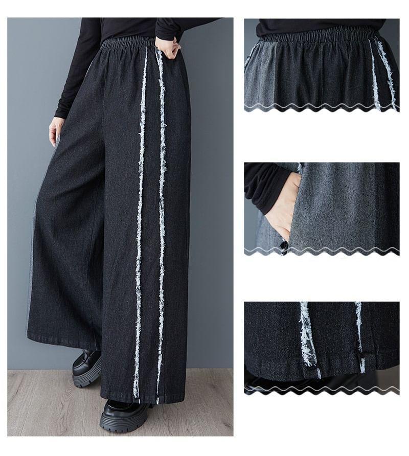 Elastic Waist Washed Fray Panel Denim Culottes Product Image