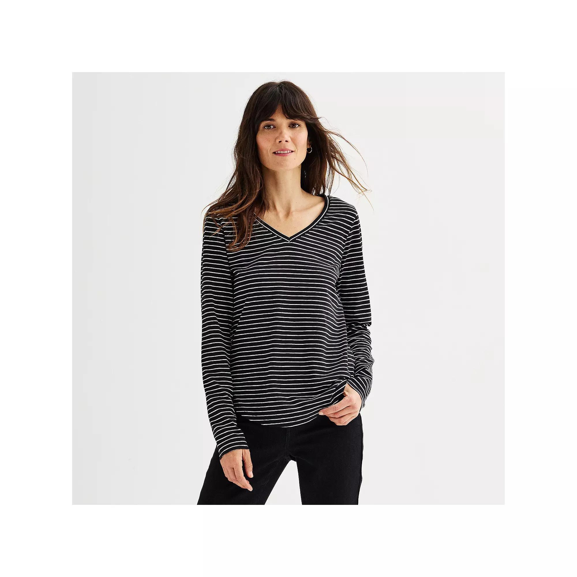 Petite Sonoma Goods For Life® Everyday Long Sleeve V-Neck T-Shirt, Women's, Size: Small Petite, Deep Black Stripe Product Image
