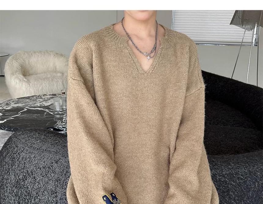 Notch Neck Letter Embroidered Oversized Sweater Product Image