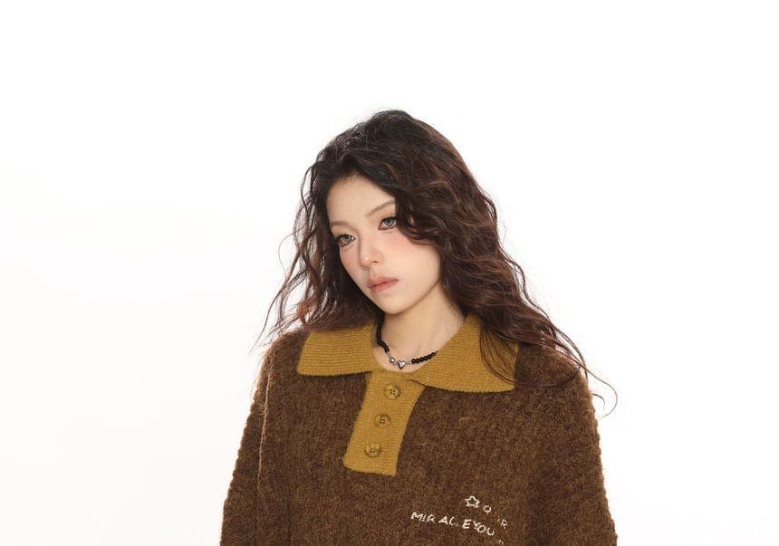 Drop Shoulder Lettering Oversized Polo Sweater Product Image