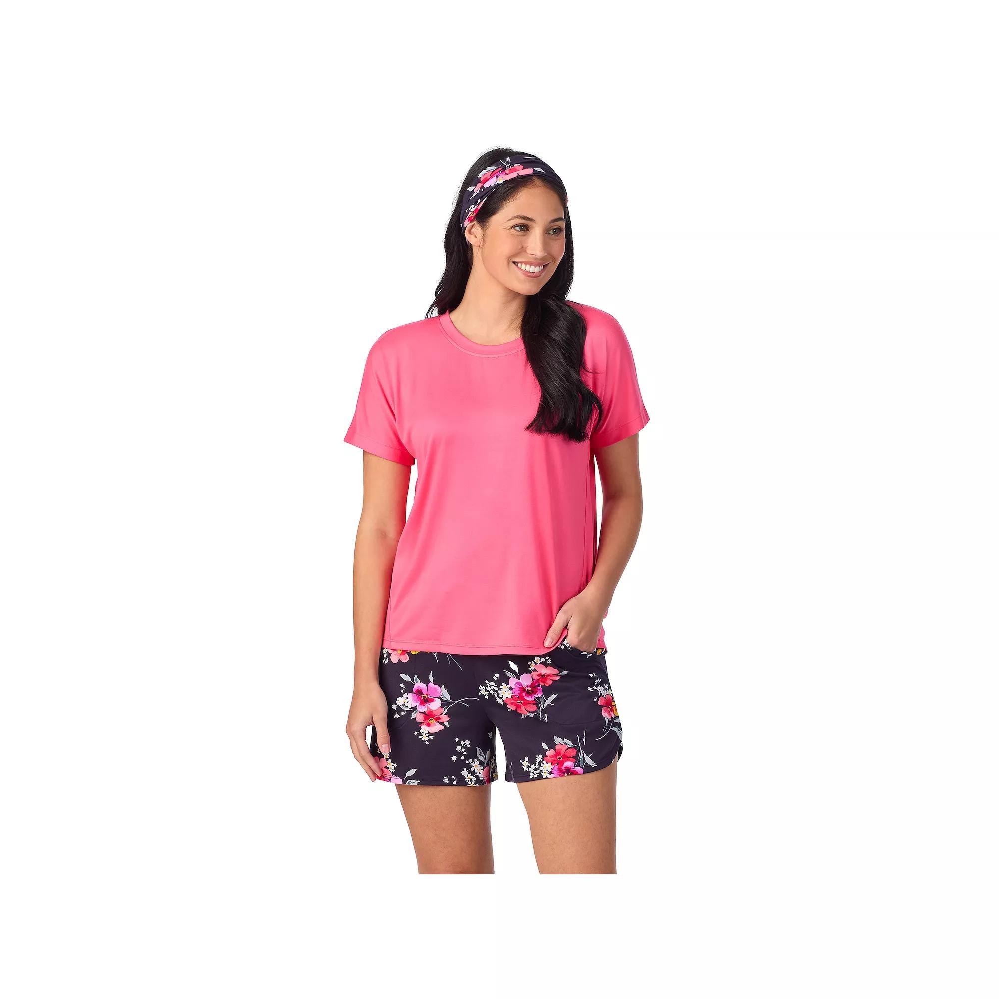 Women's Cuddl Duds® Short Sleeve Pajama Top & Pajama Shorts Set with Matching Headband, Size: Small, Blue Floral Product Image
