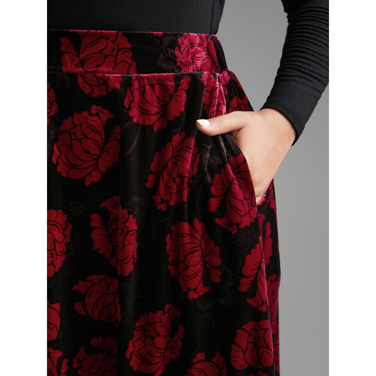 Plus Size Velvet Floral Elastic Waist Skirt Women BlackFlower Elegant Loose Low stretch Side seam pocket Everyday Skirts BloomChic 30/6X Product Image