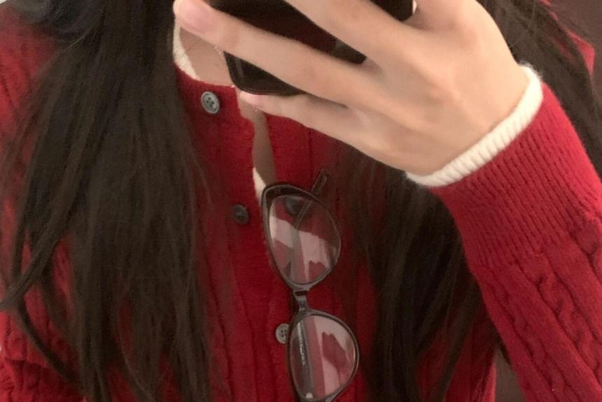 Mock Two-Piece Round Neck Two Tone Cable Knit Cardigan Product Image