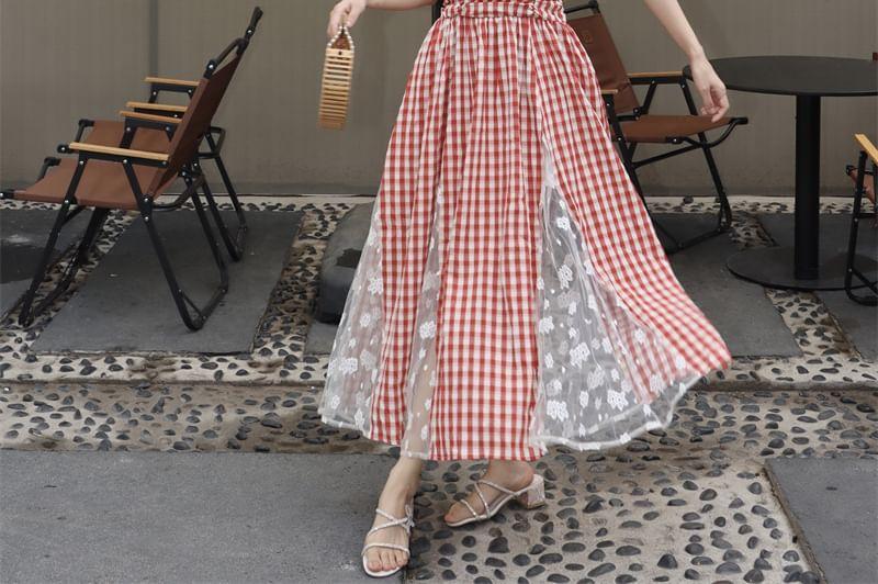 Strapless Gingham Lace Panel Ruched Maxi A-Line Dress Product Image