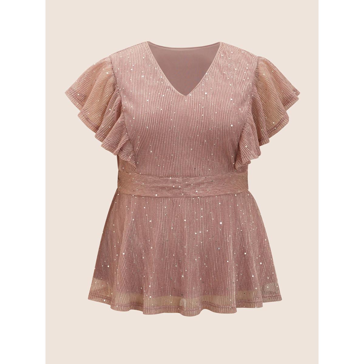 Plus Size Dirtypink Glitter Mesh V Neck Ruffle Cap Sleeve Blouse Women Formal Cap Sleeve V-neck Party Blouses BloomChic 18-20/2X Product Image