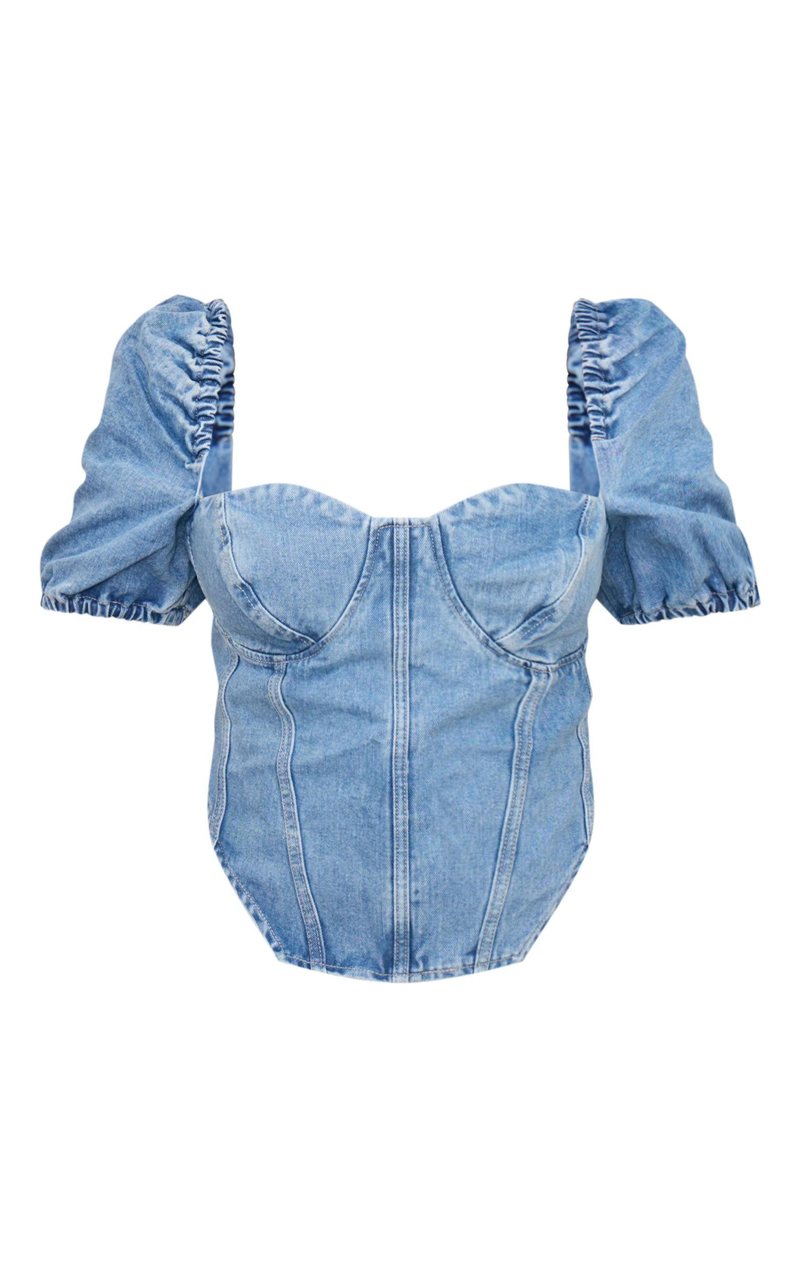 Plus Mid Blue Wash Puff Sleeve Denim Corset Top Product Image