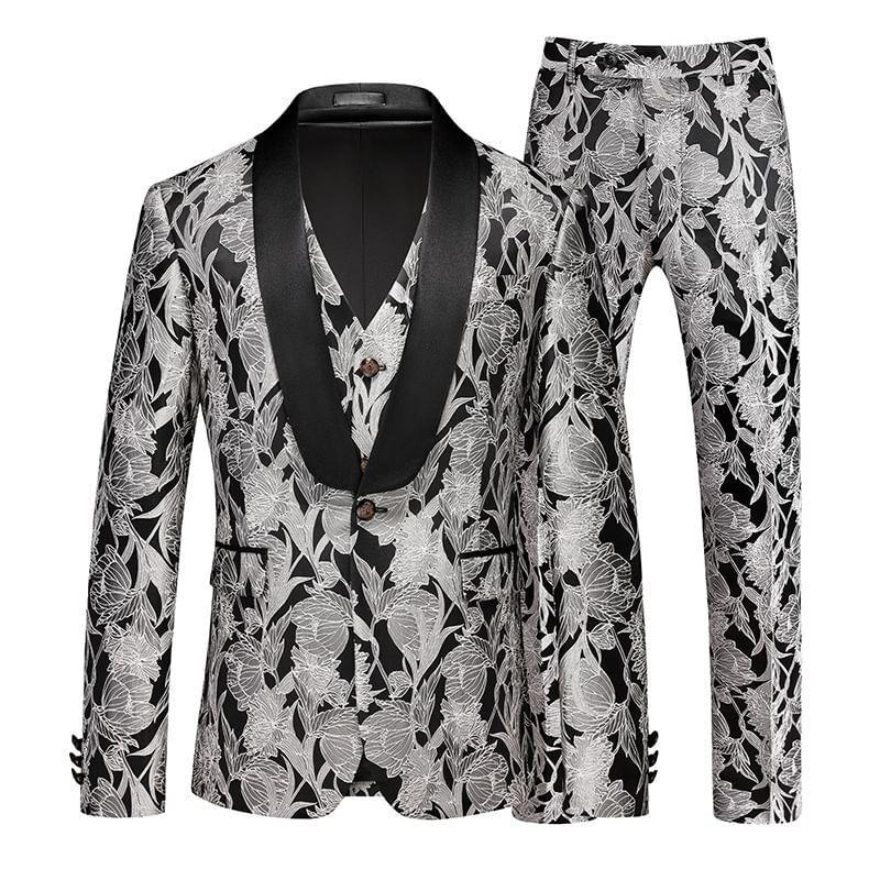 Lapel Collar Floral Single Breasted Blazer / V-Neck Vest / Mid Rise Plain Wide Leg Dress Pants / Set Product Image