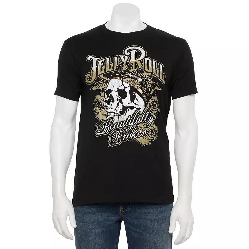 Men's Jelly Roll "Beautifully Broken" Skull and Flowers Graphic Tee, Size: Medium, Black Product Image