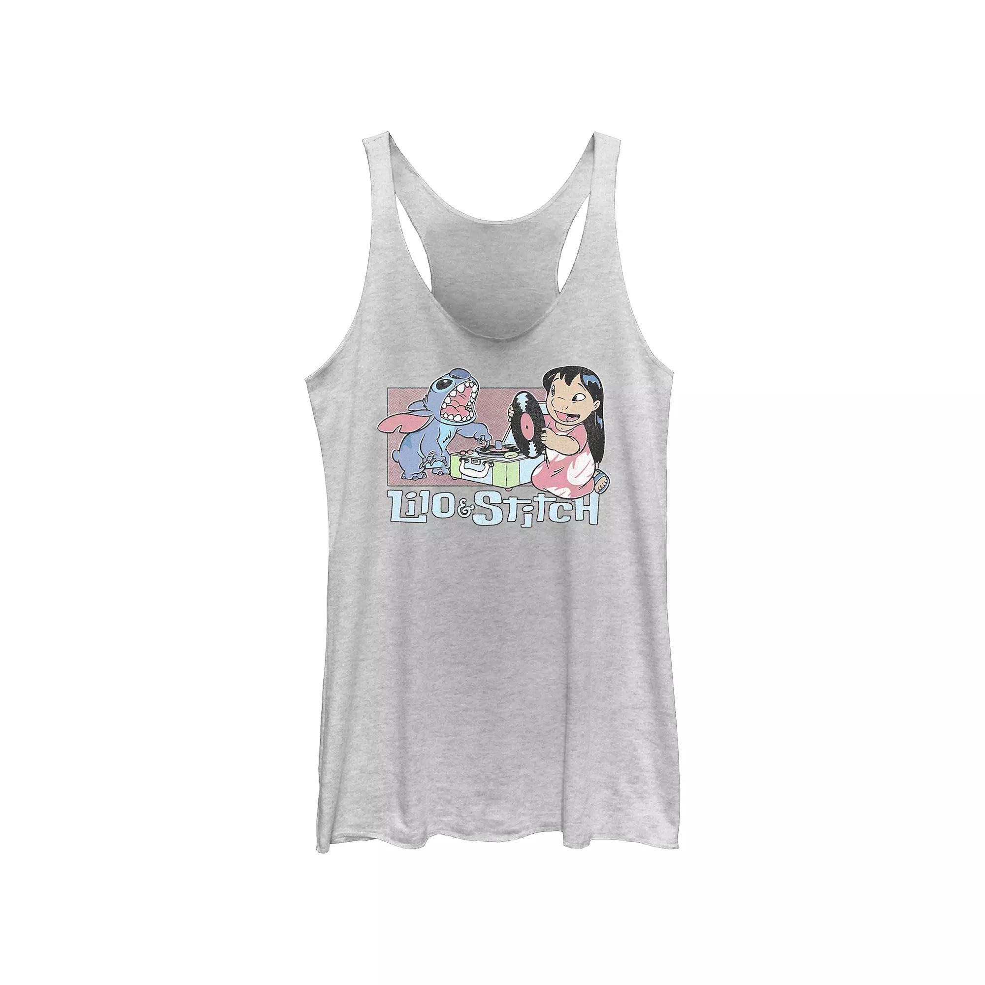 Disney's Lilo & Stitch Record Player Music Session Juniors' Tri-Blend Racerback Tank Top, Girl's, Size: XL, White Grey Product Image