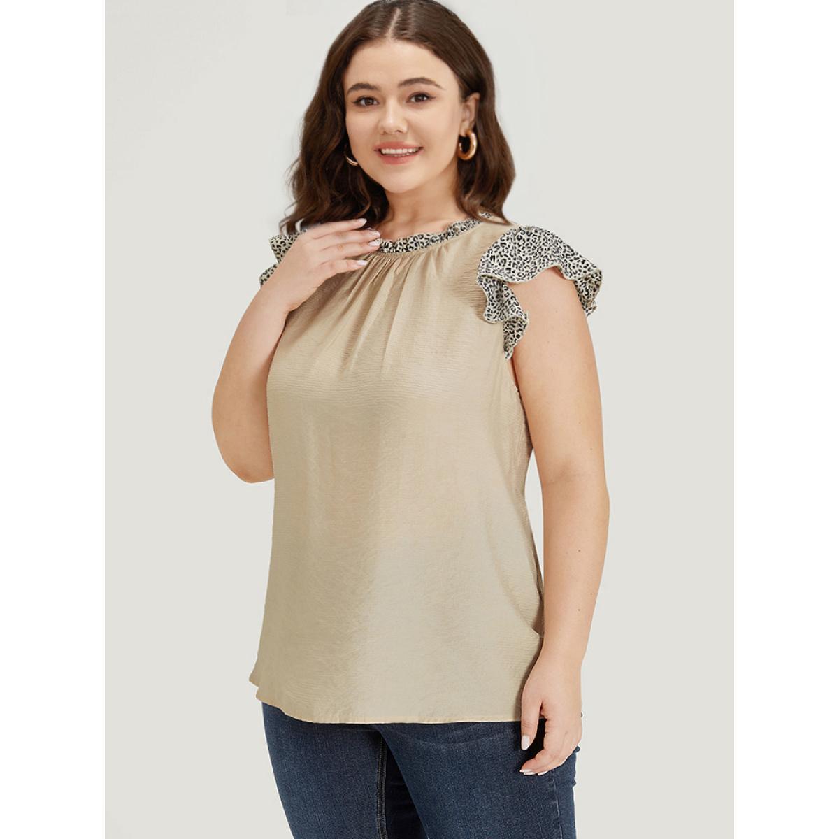Plus Size Apricot Leopard Patchwork Halter Frill Trim Flutter Sleeve Blouse Women Elegant Cap Sleeve Halter neck Dailywear Blouses BloomChic 30/6X Product Image