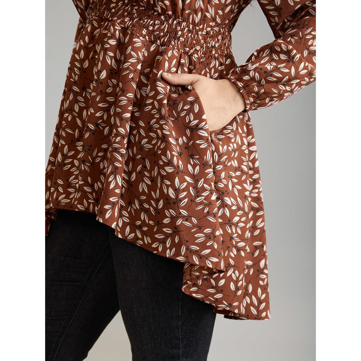 Plus Size Russet Ditsy Floral Shirred Elastic Waist High Low Hem Blouse Women Elegant Long Sleeve V-neck Everyday Blouses BloomChic 10/M Product Image