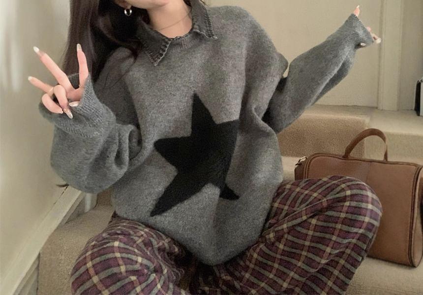 Mock Two-Piece Denim Collar Star Jacquard Sweater Product Image