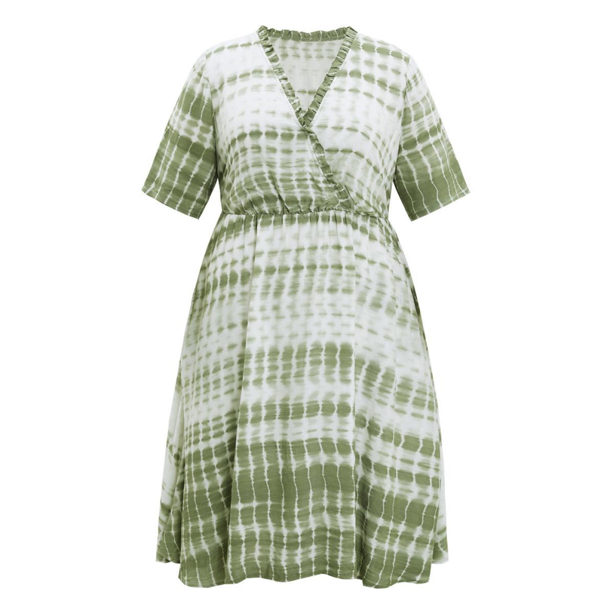 Plus Size Tie Dye Surplice Neck Pocket Frill Trim Dress LightGreen Women Vacation Wrap V-neck Short sleeve Curvy Knee Dress BloomChic 12/L Product Image