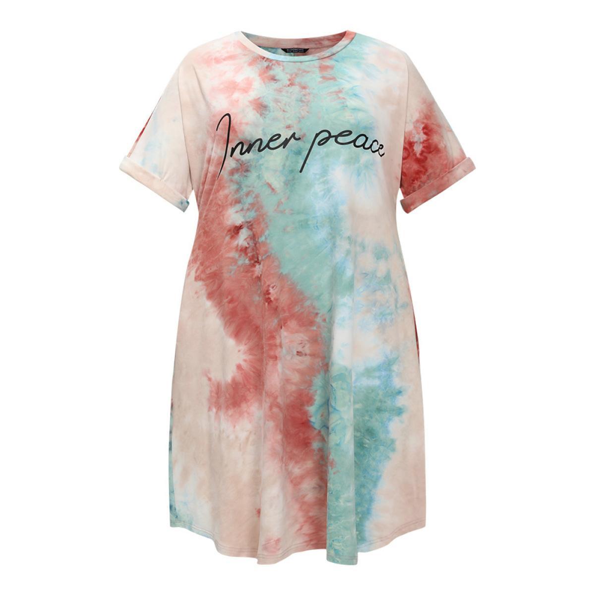 Plus Size Letter Print Pocket Tie Dye Cuffed Sleeve Dress Multicolor Women Casual Printed Curvy Midi Dress BloomChic 30/6X Product Image