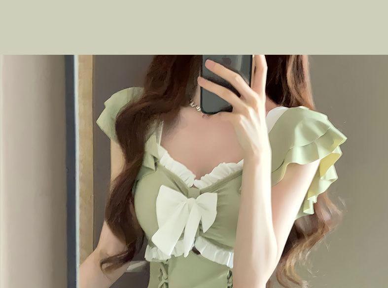 Cap-Sleeve Two Tone Bow Lace-Up Swim Dress Product Image