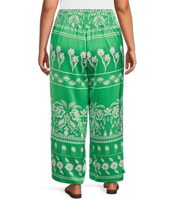 Sugarlips Plus Tropical Printed Smocked Waist Wide Leg Satin Coordinating Pants Product Image