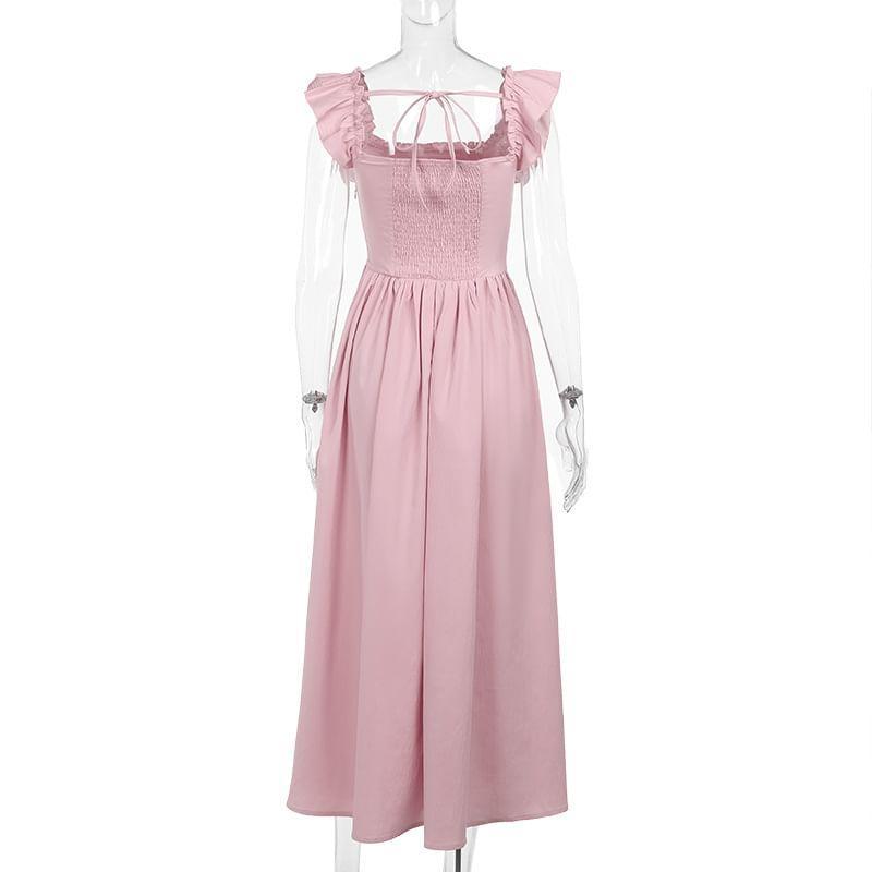 Cap-Sleeve Square Neck Plain Maxi A-Line Dress Product Image