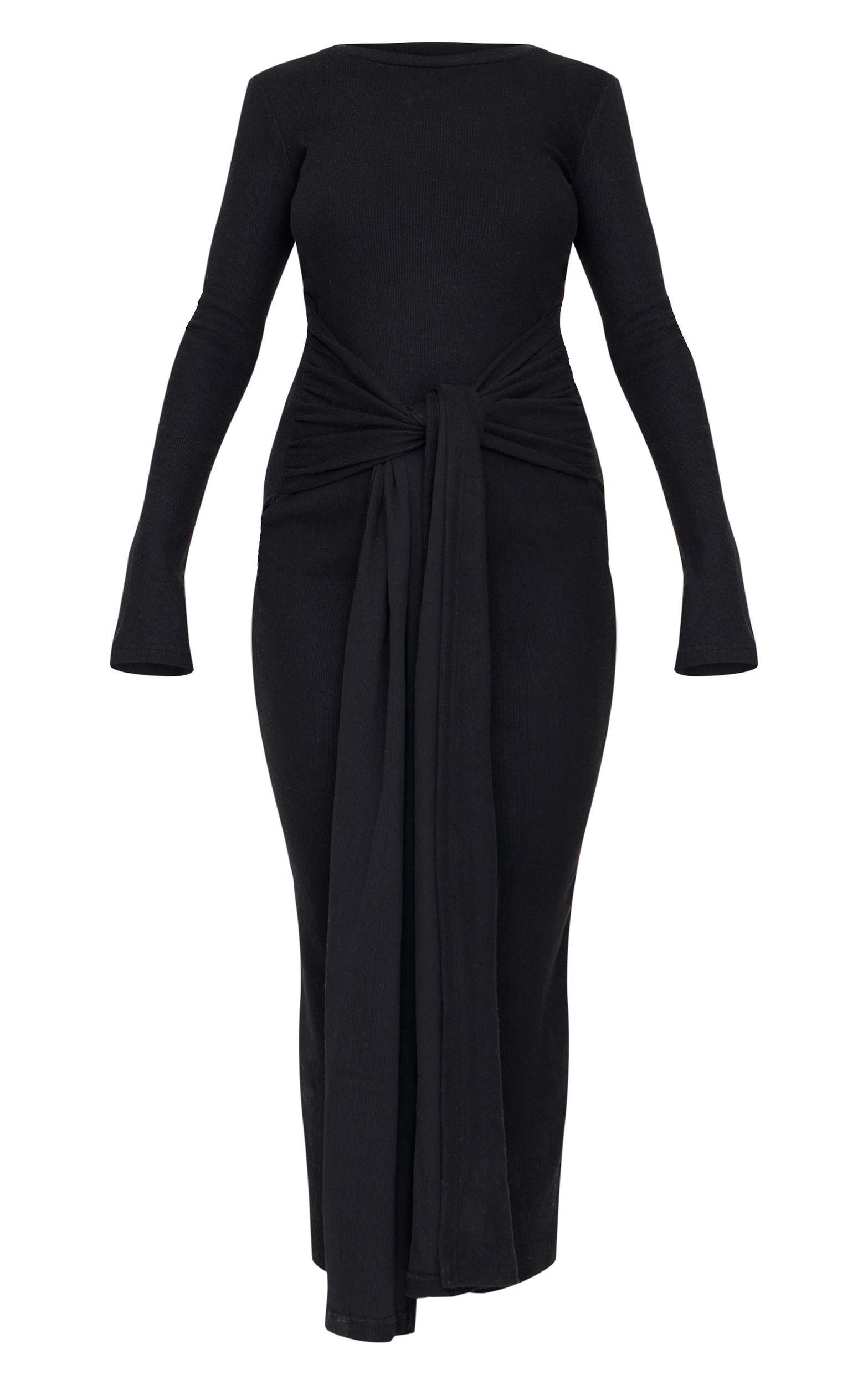 Black Heavy Brushed Rib Wrap Tie Maxi Dress Product Image
