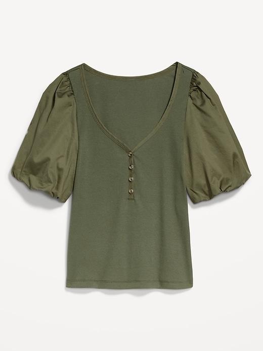 Puff-Sleeve Mixed Fabric Top Product Image