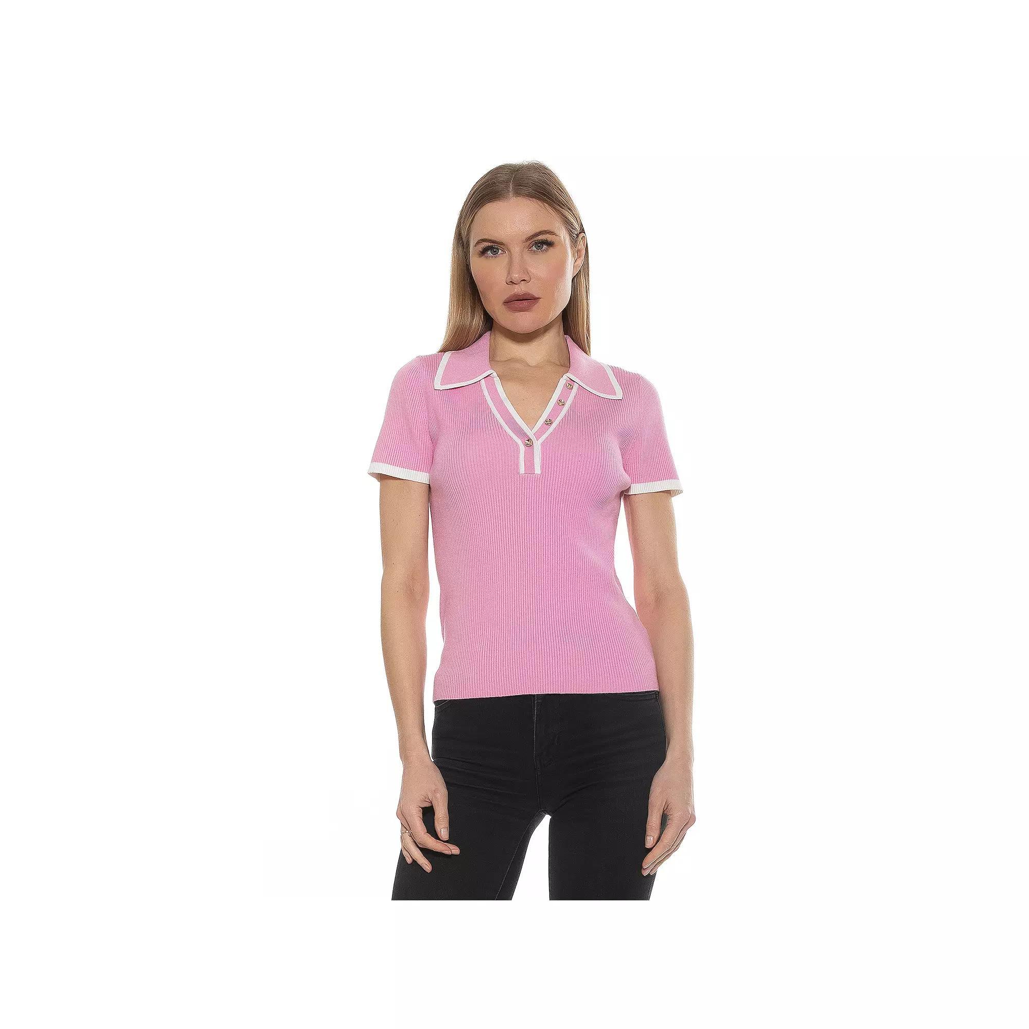 Women's ALEXIA ADMOR Alice Knitted Short Sleeve Collar Top, Size: XL, Pink Product Image