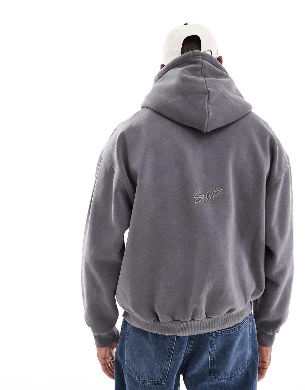 Pull&Bear stwd back embroidered hoodie in washed gray Product Image