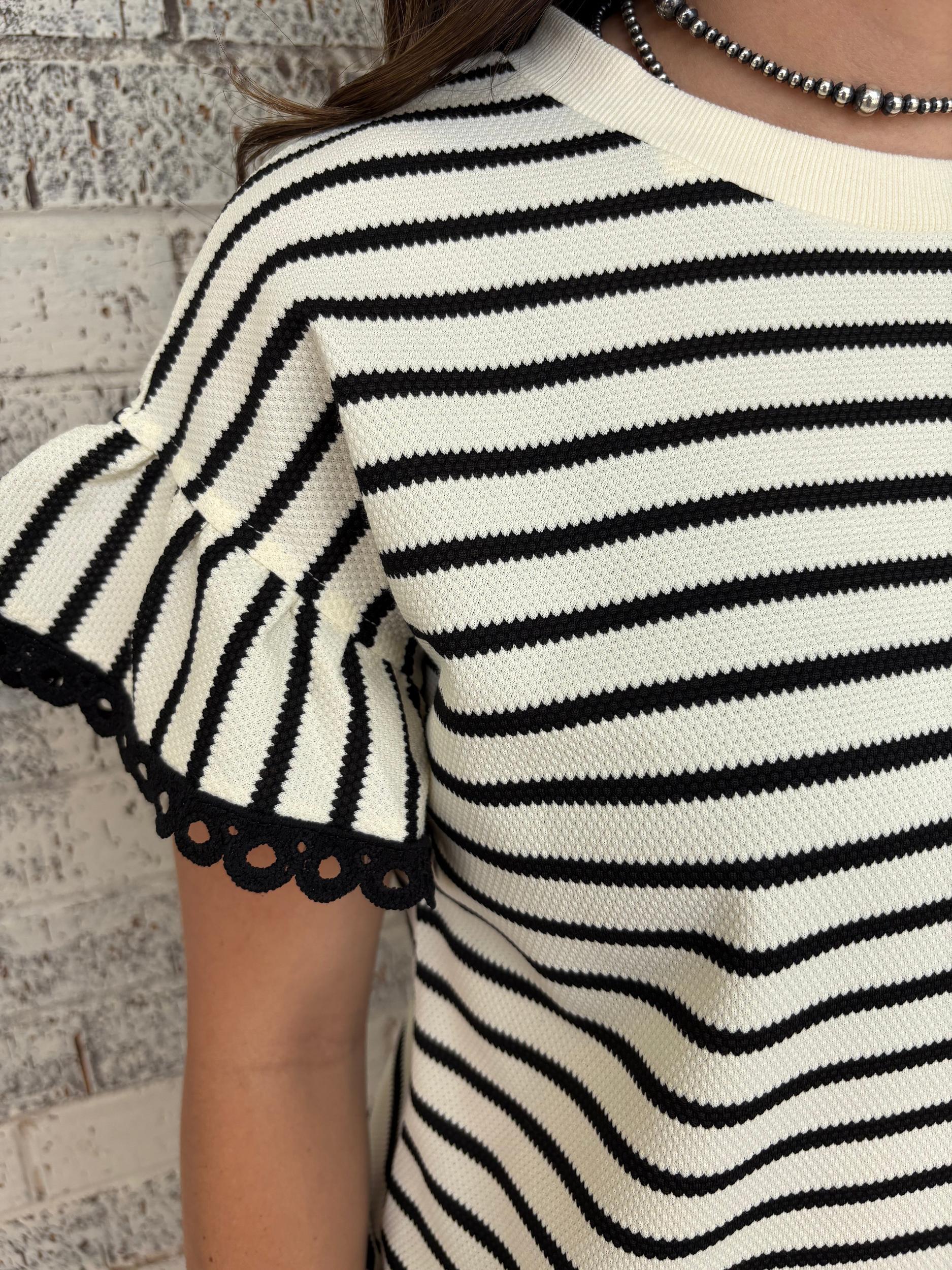 Black Stripe Scallop Lace Trim Ruffle Crewneck Top Product Image
