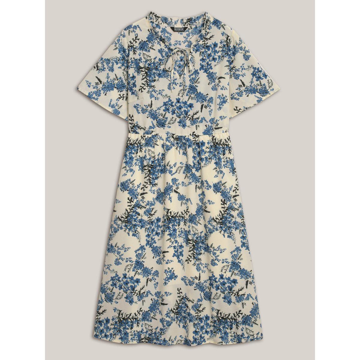Plus Size In Full Bloom Notched Collar Pockets Midi Dress Skyblue Women Elegant Tie knot Notched collar Short sleeve Curvy BloomChic 18-20/2X Product Image