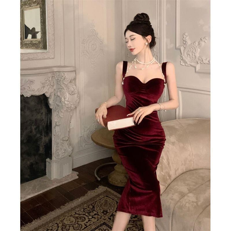 Wide Strap Velvet Midi Bodycon Dress Product Image