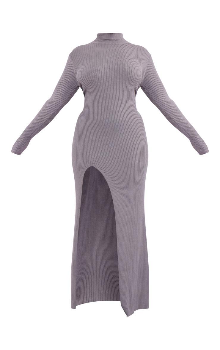  Plus Charcoal Knitted Ribbed Side Split Maxi Dress Product Image