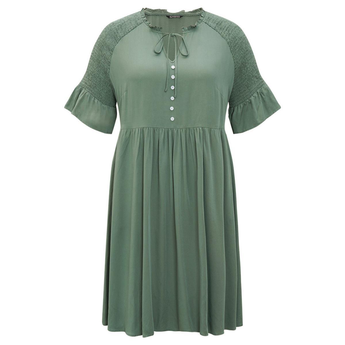 Plus Size Plain Frill Trim Button Detail Pocket Ruffles Shirred Sleeve Dress Mint Women Elegant Frill Trim V-neck Half Sleeve Curvy Midi Dress BloomChic 18-20/2X Product Image