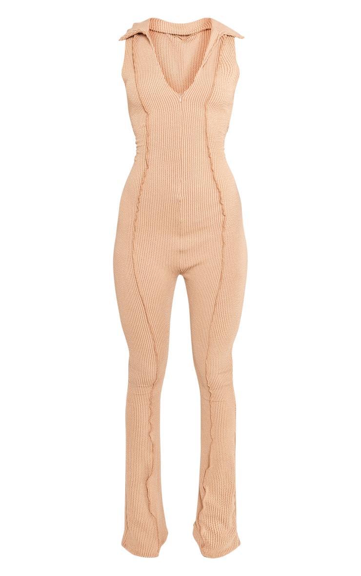 Beige Thick Rib Zip Front Collar Detail Jumpsuit Product Image