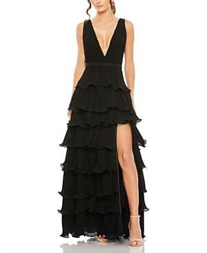 Mac Duggal Deep V-Neck Sleeveless Ruffle Tiered Thigh High Slit Gown Product Image