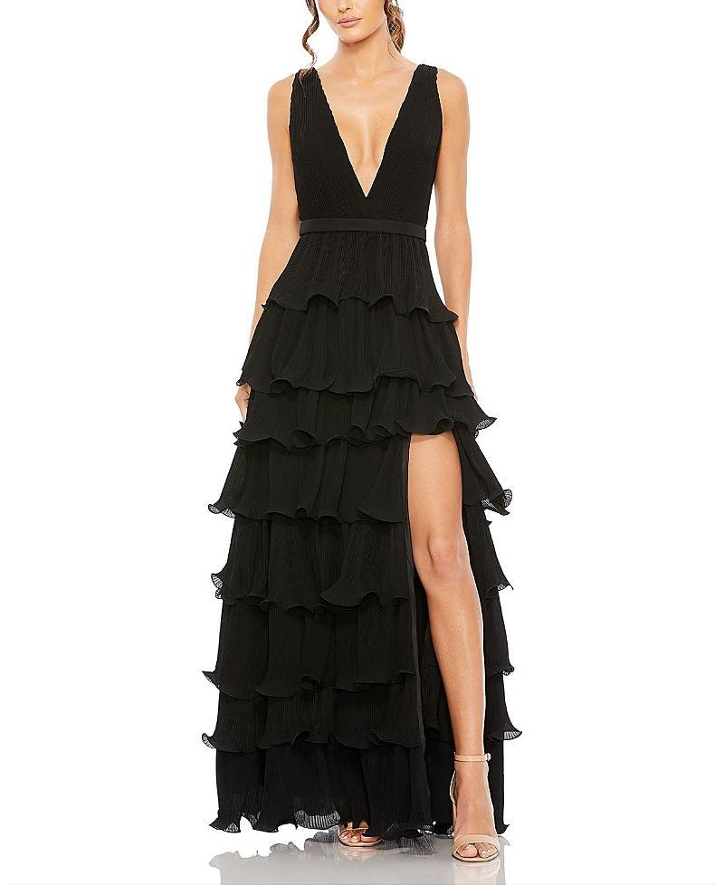 Mac Duggal Deep V-Neck Sleeveless Ruffle Tiered Thigh High Slit Gown Product Image