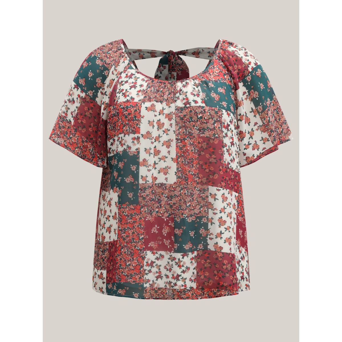 Plus Size Multicolor Boho Collage Print Backless Tie Blouse Women Short sleeve Round Neck Vacation Blouses BloomChic 22-24/3X Product Image