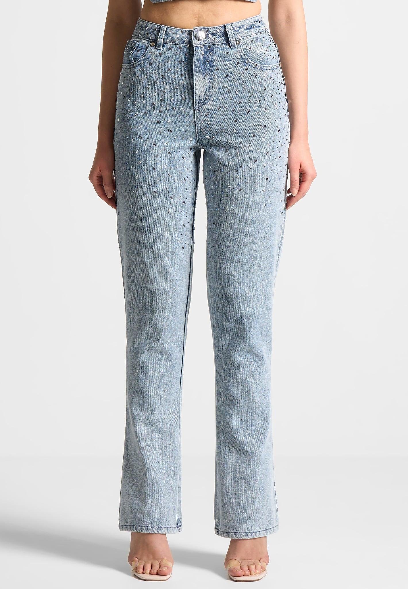 Scattered Rhinestone Mini Flare Jeans - Mid Blue Female Product Image