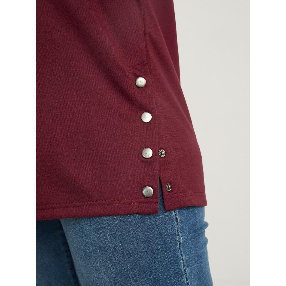Plus Size Solid Button Side Drop Shoulder Hooded Sweatshirt Women Scarlet Casual Button Hooded Dailywear Sweatshirts BloomChic 10/M Product Image