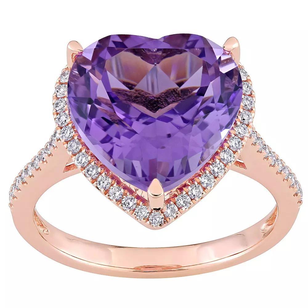 Stella Grace 14k Rose Gold Heart Shape Amethyst & 1/3 Carat T.W. Diamond Halo Ring, Women's, Size: 6 Product Image