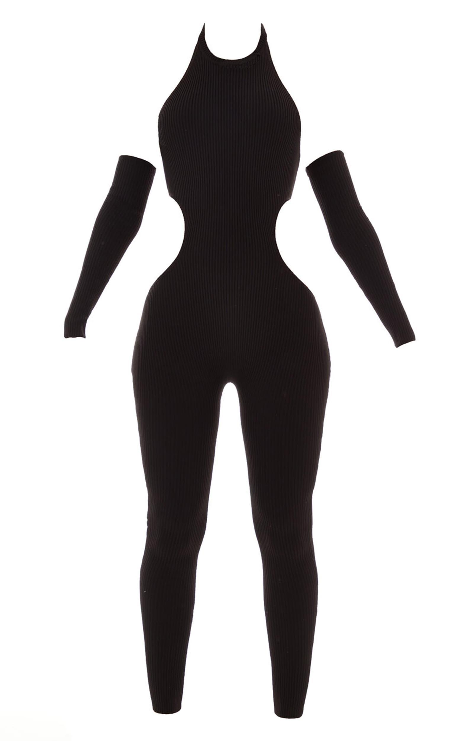 Black Rib Knit Halterneck Cut Out Jumpsuit & Sleeves Product Image