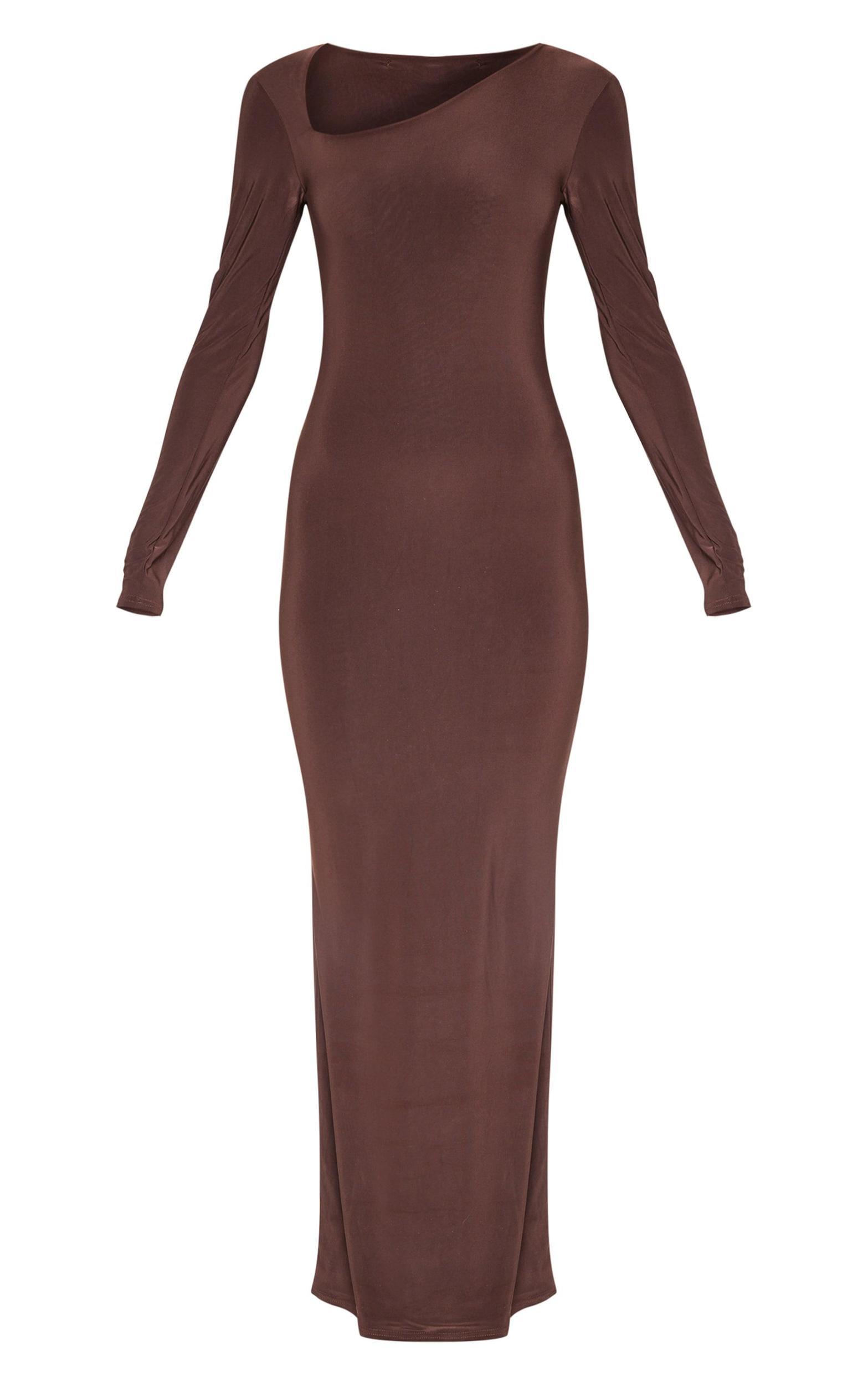Chocolate Double Slinky Asymmetric Neck Line Long Sleeve Maxi Dress Product Image