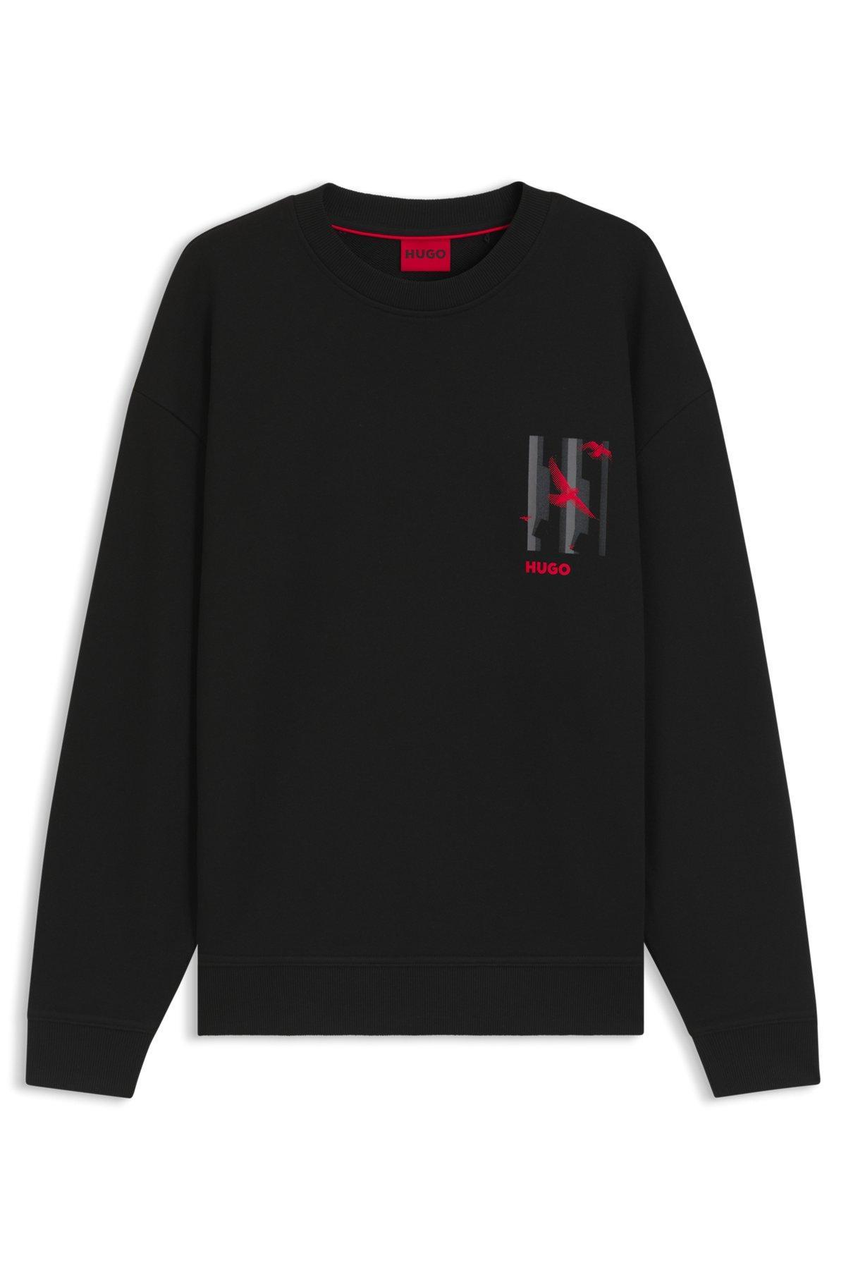 HUGO - Cotton-terry sweatshirt with bird artwork - Black Product Image