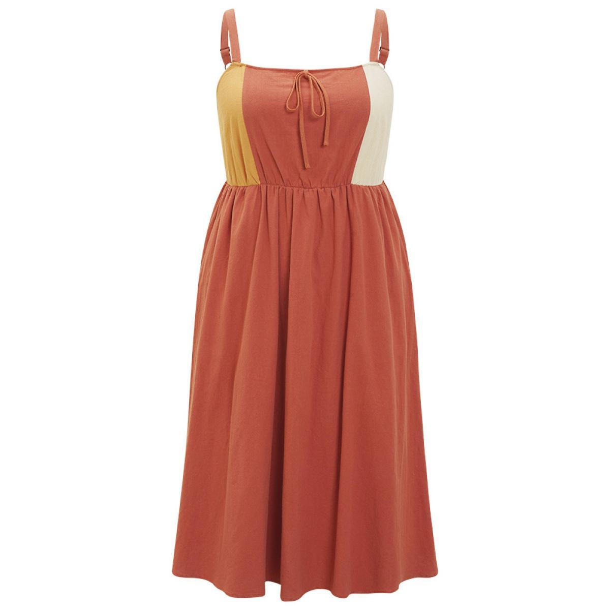 Plus Size Color Block Contrast Pocket Flutter Hem Knot Cami Dress Rust Women Casual Adjustable Straps Spaghetti Strap Sleeveless Curvy Midi Dress BloomChic 12/L Product Image