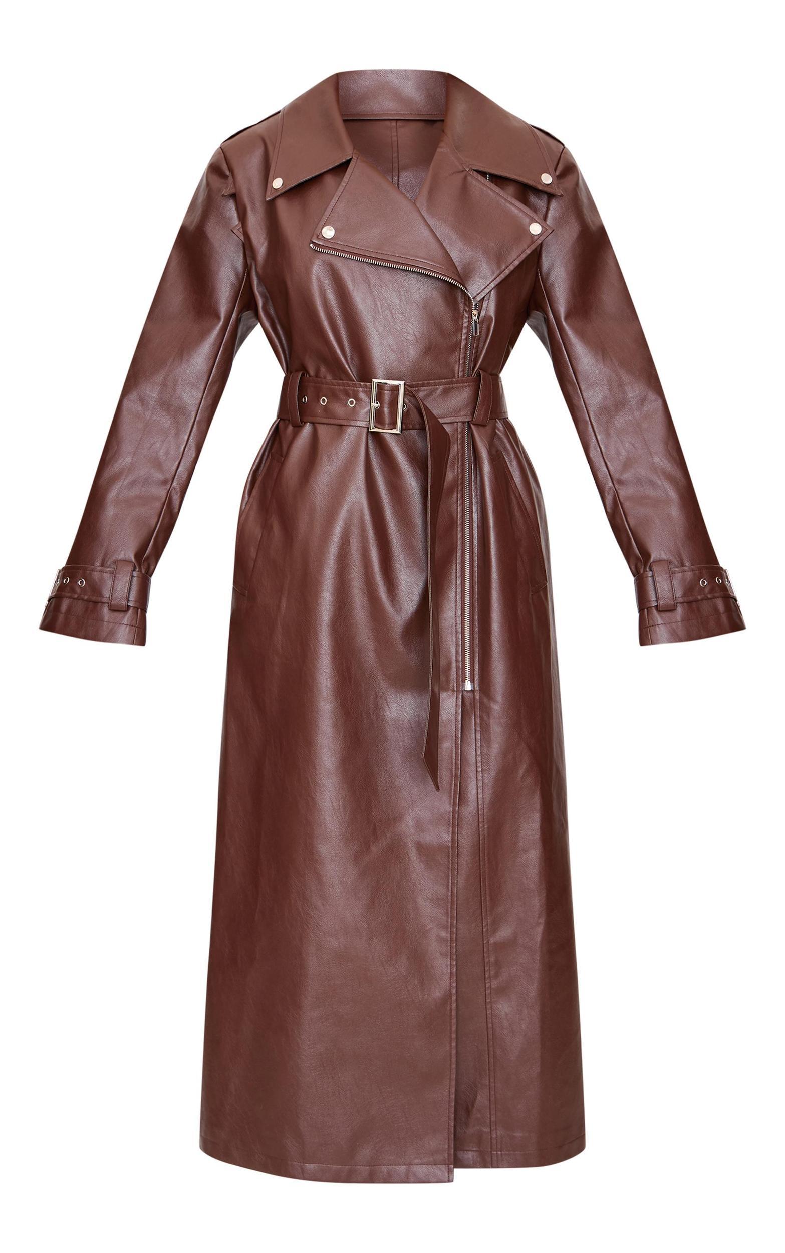 Brown Faux Leather Belted Trench Coat Product Image