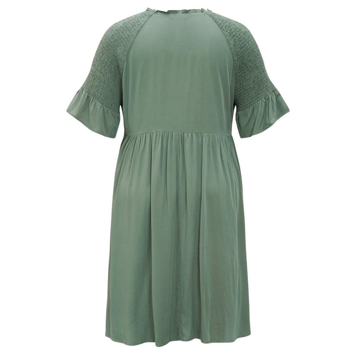 Plus Size Plain Frill Trim Button Detail Pocket Ruffles Shirred Sleeve Dress Mint Women Elegant Frill Trim V-neck Half Sleeve Curvy Midi Dress BloomChic 18-20/2X Product Image