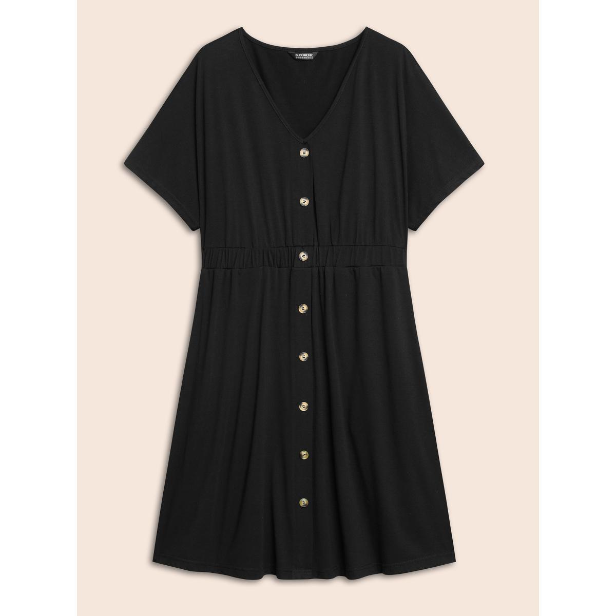 Plus Size Supersoft Essentials Contrast Button Detail Shirred Pocket Dress Black Women Casual Plain V-neck Short sleeve Curvy Midi Dress BloomChic 12/L Product Image