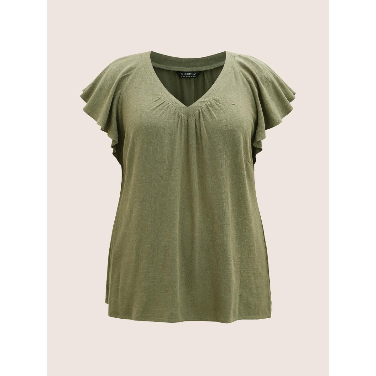 Plus Size ArmyGreen Linen Blend Gathered Ruffle Cap Sleeve Blouse Women Casual Cap Sleeve V-neck Everyday Blouses BloomChic 12/L Product Image